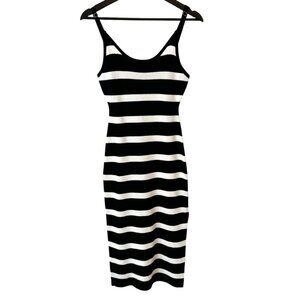 Revamped Wide Striped Black and White Fitted Midi Dress